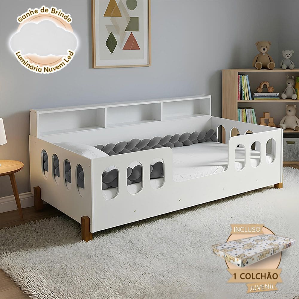 Cama Infantil em Mdf Nina com Colchão Incluso + Enxoval Completo Trança Cinza Acompanha Nuvem Led