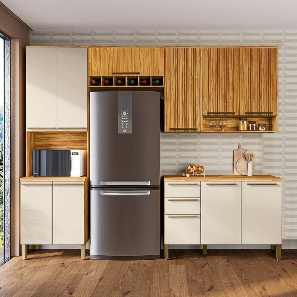 Cozinha Compacta Modulada 4 Peças 11 Portas e Tampo 100% Mdf Frisado Itália Espresso Móveis Amêndoa/Off White