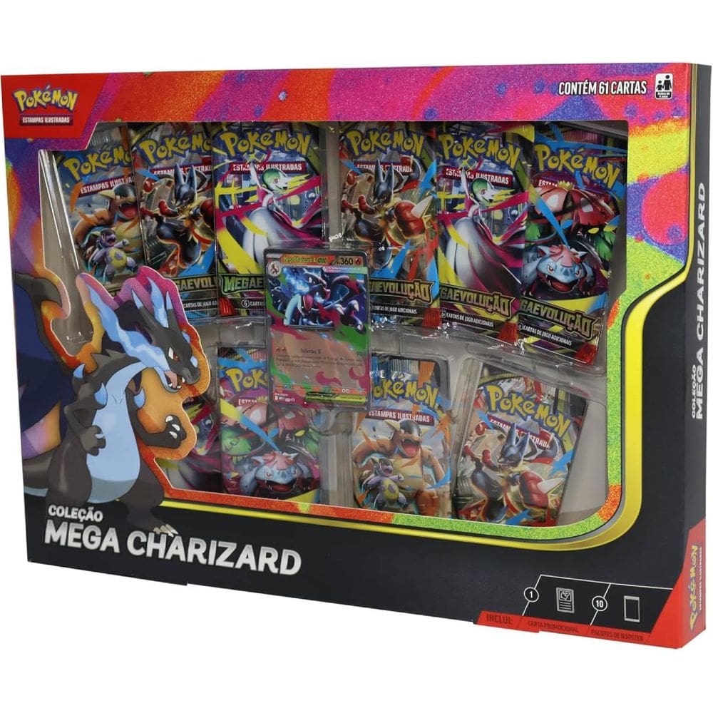 Box Pokemon Coleçao Mega Charizard X 61 Cartas Copag TCG