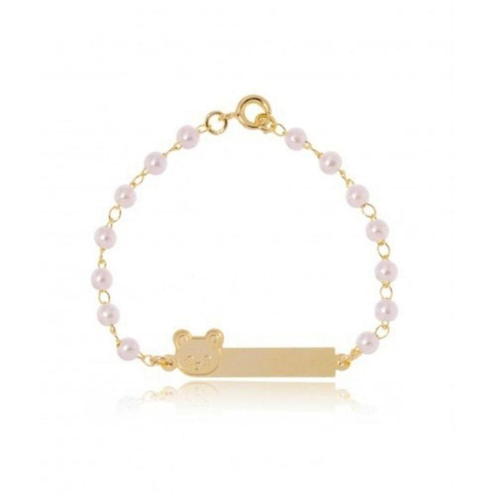 Pulseira Infantil Pérola Chapinha Com Ursinho Banhado A Ouro