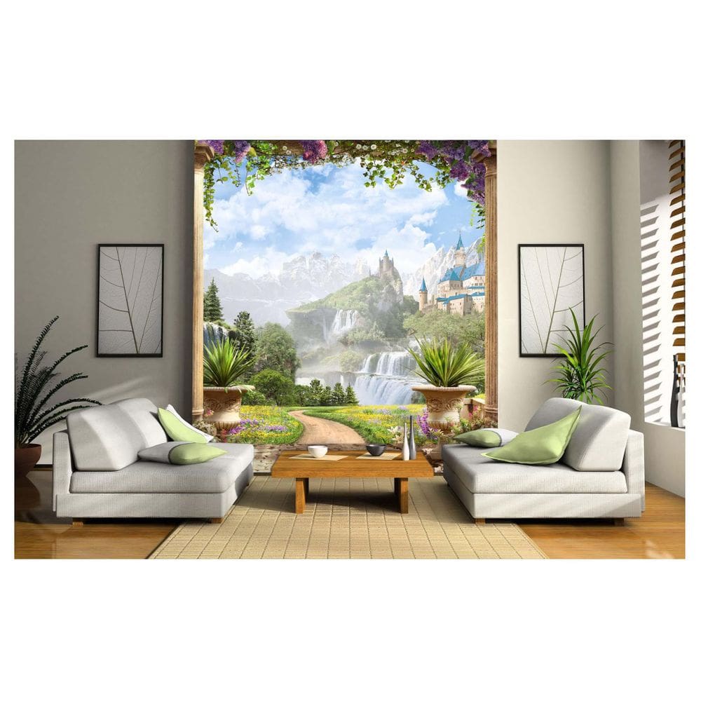Papel De Parede Paisagem Castelo Cachoeira 3D Dav28