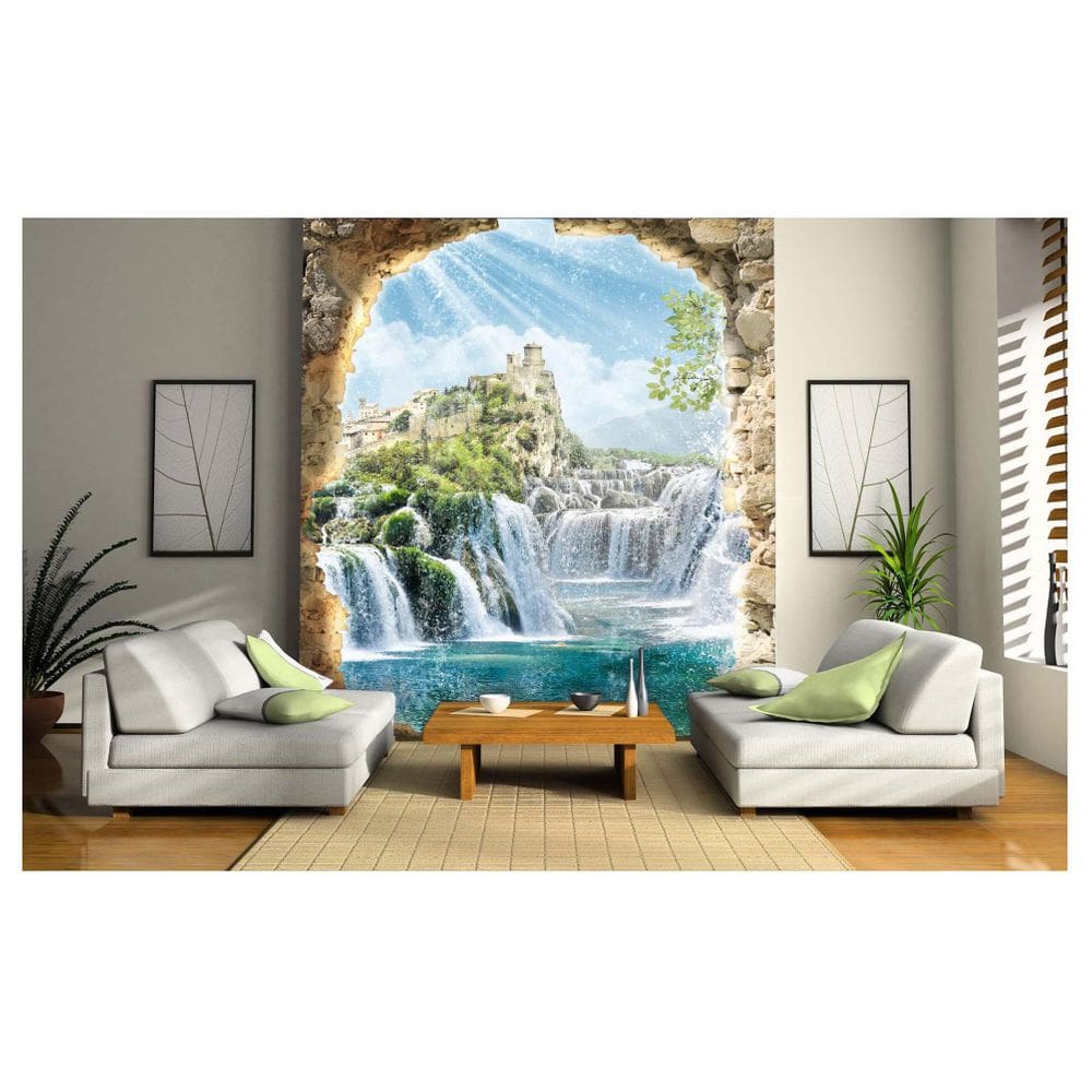 Papel De Parede Paisagem Castelo Cachoeira 3D Dav43