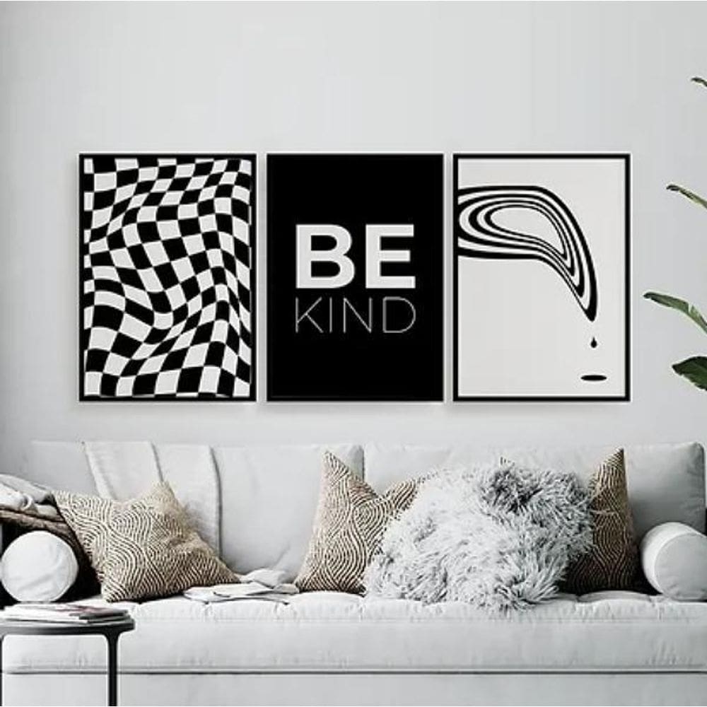 Kit 3 Quadros Optical Art- Be Kind 33X24Cm - Com Vidro Preta