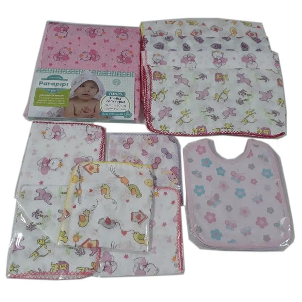 Kit 20 Boca 10 Fralda Grande 1 Toalha Capuz 3 Babador Menina