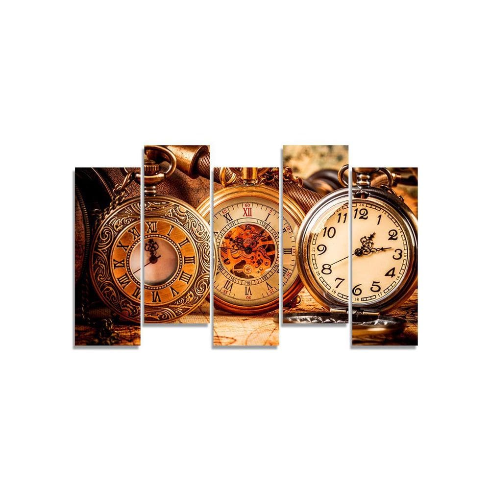 Quadro Decorativo Relogio De Bolso Antigo - 5 Peças