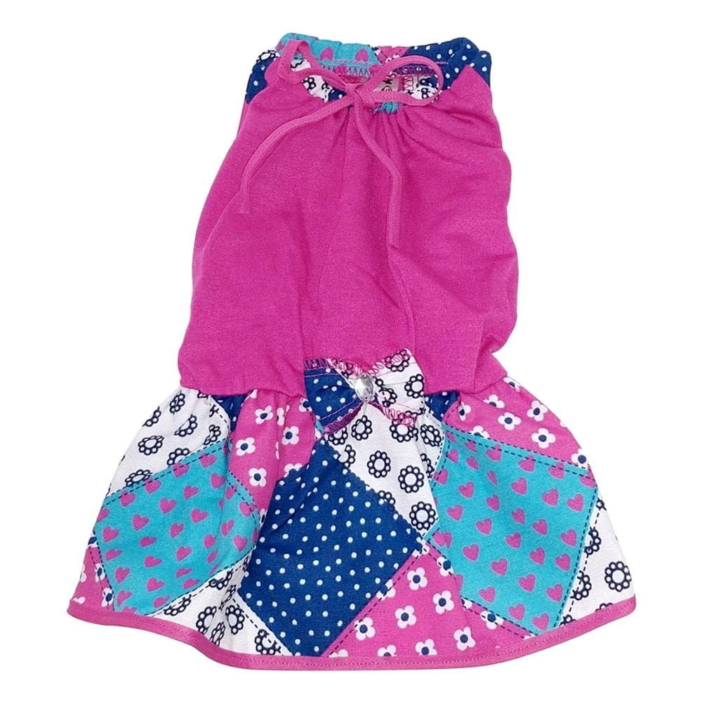 Vestido Cachorro Malha Com Lacinho Rosa Estampado Azul P