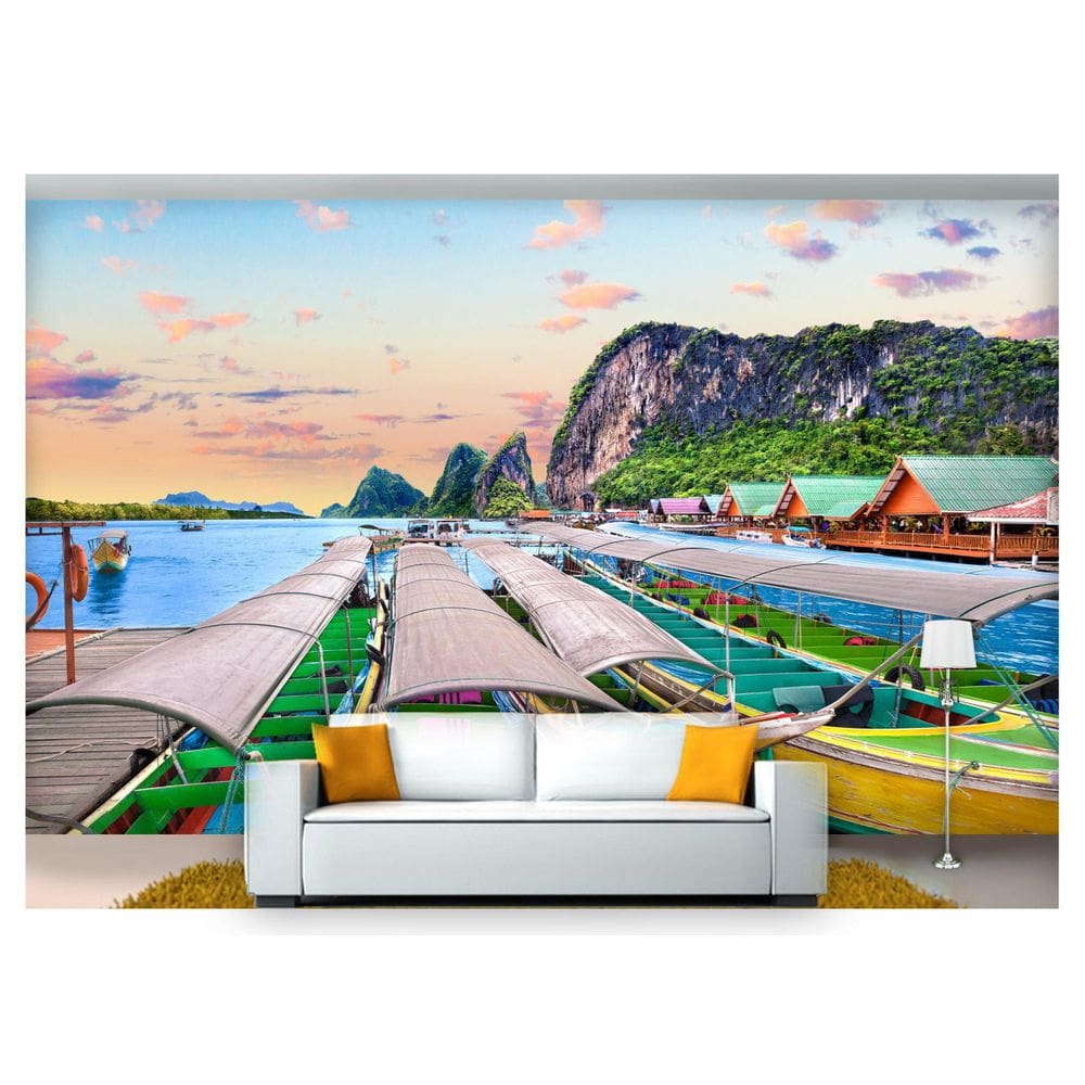 Papel De Parede Praia Mar Céu Sol Barcos 3D Npr232