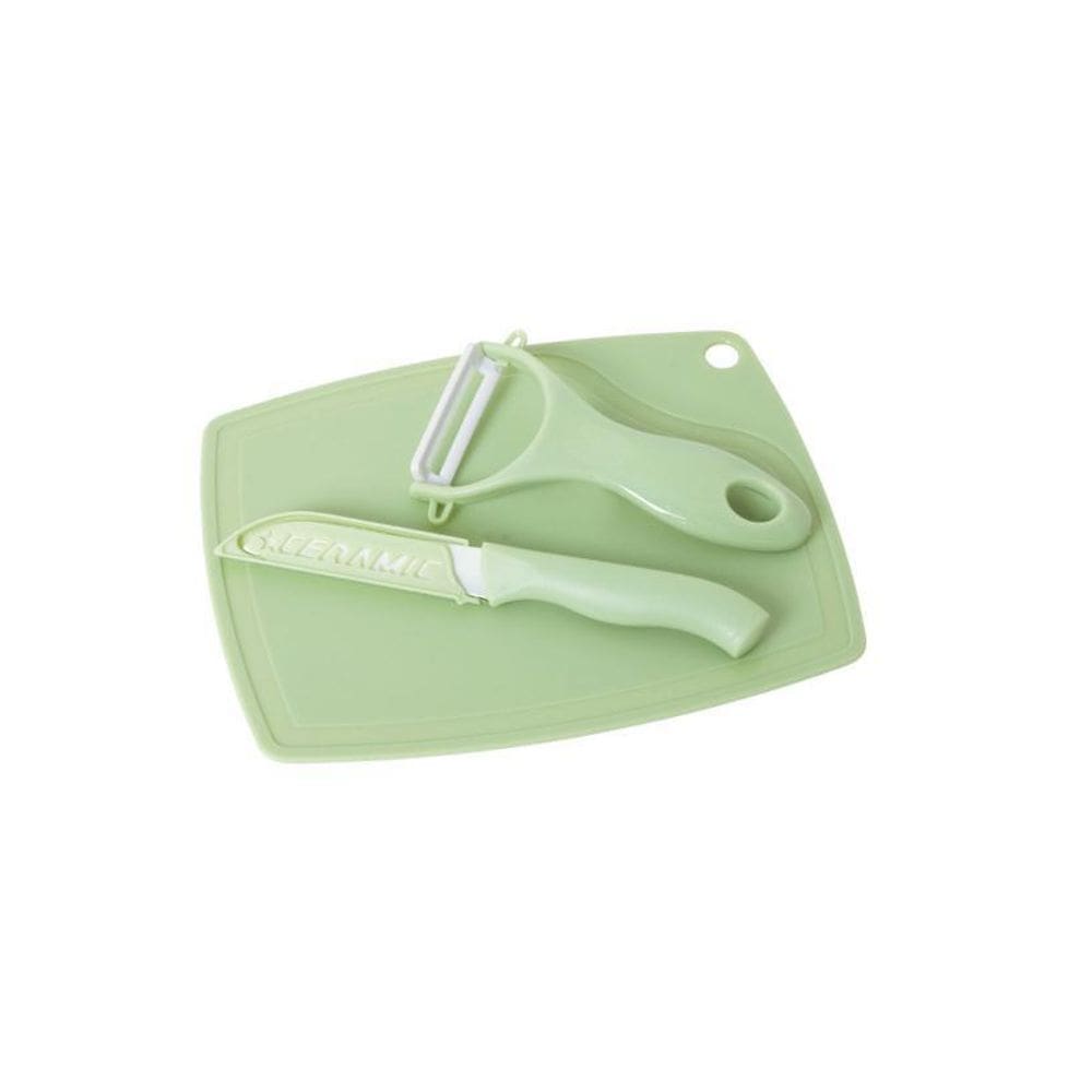 Conjunto Culinário Faca, Descascador E Tábua Verde
