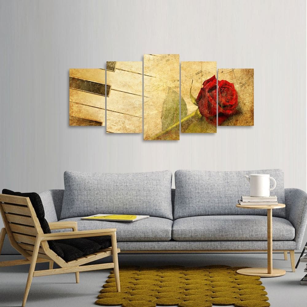 Quadro decorativo Piano com Rosa Vintage Mosaico 5 Peças