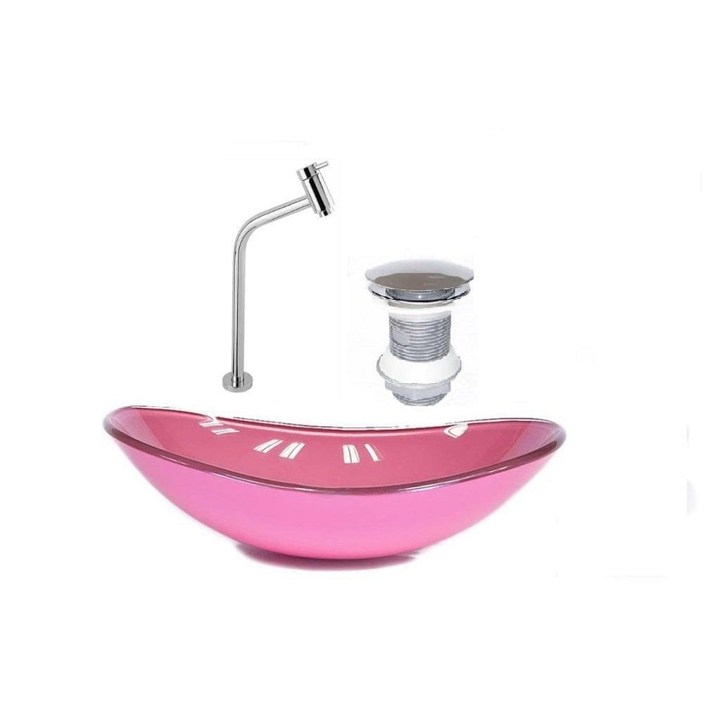 Cuba De Vidro Oval 47Cm Rosa + Válvula Click + Torneira