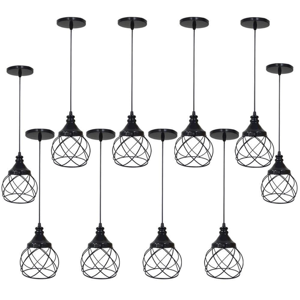 10 Pendentes Aramados Redondos Preto Lustre Luminária Teto Regulável Sala Cozinha Industrial Agp