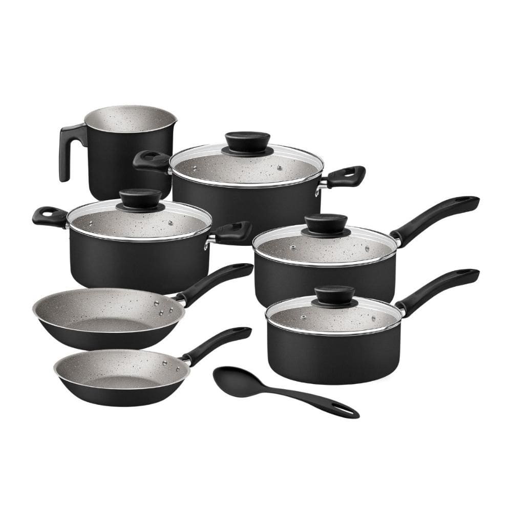 Jogo De Panelas 7 Peças Preto  Linz Antiaderente e Colher Tramontina