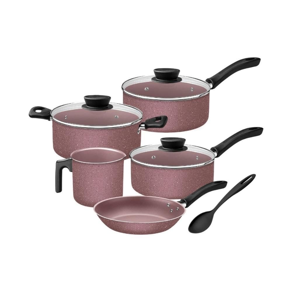 Jogo De Panelas 5 Peças Rosa Linz Antiaderente e Colher Tramontina