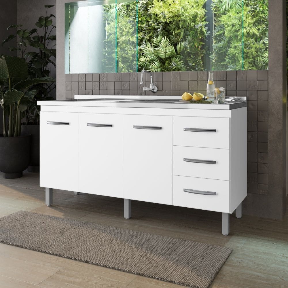 Balcão 160cm Emily 03 Portas e 03 Gavetas com Pia e Cuba GhelPlus Branco Moblis