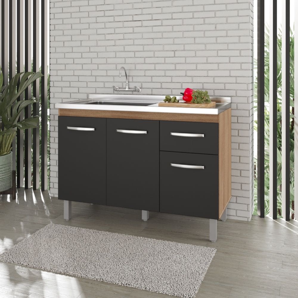 Balcão 120cm Anita 03 Portas e 01 Gaveta com Pia e Cuba GhelPlus Savana Preto Moblis