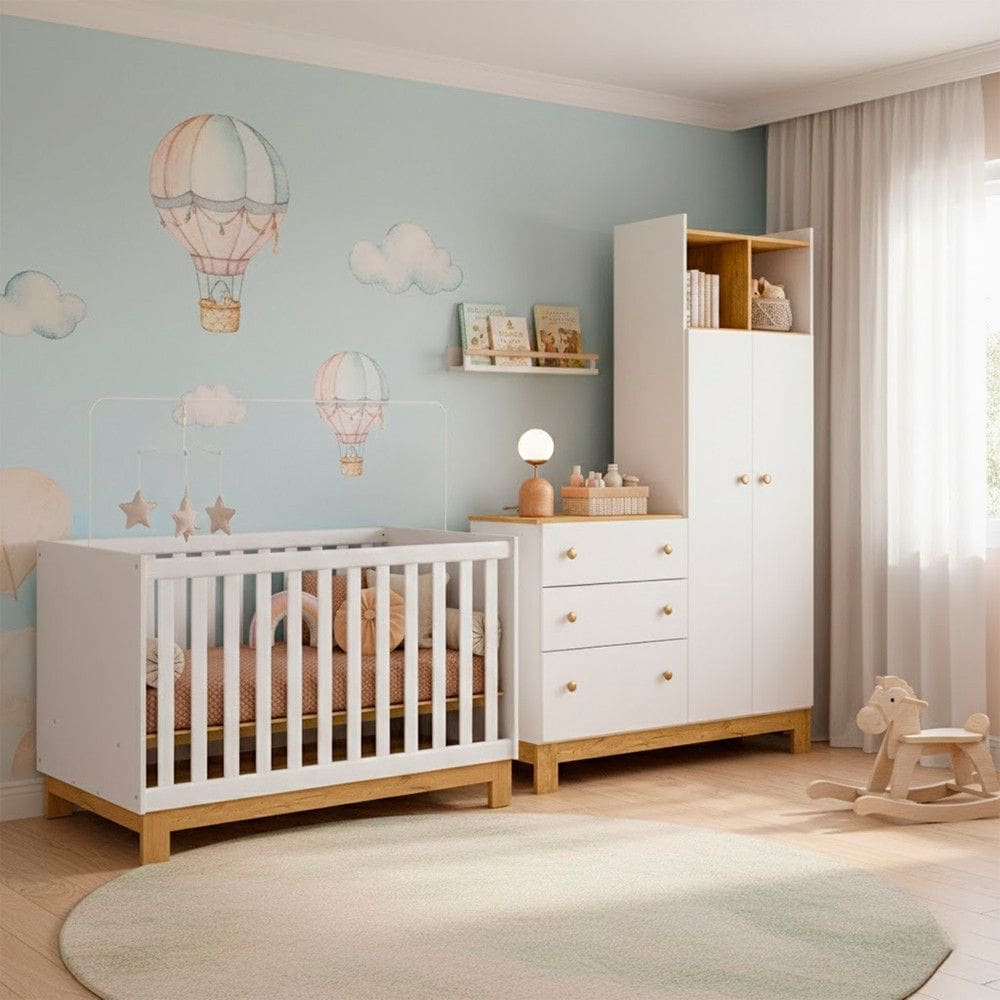Quarto Bebe Infantil Q Encanto Berco Vira Cama e Guarda Roupas com Comoda Qmovi