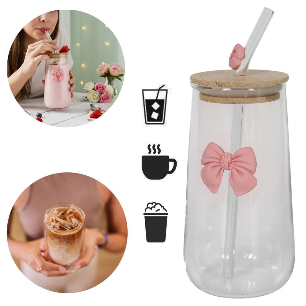 Copo De Vidro Fofo Com Tampa E Canudo Laço De Coquette 500ml