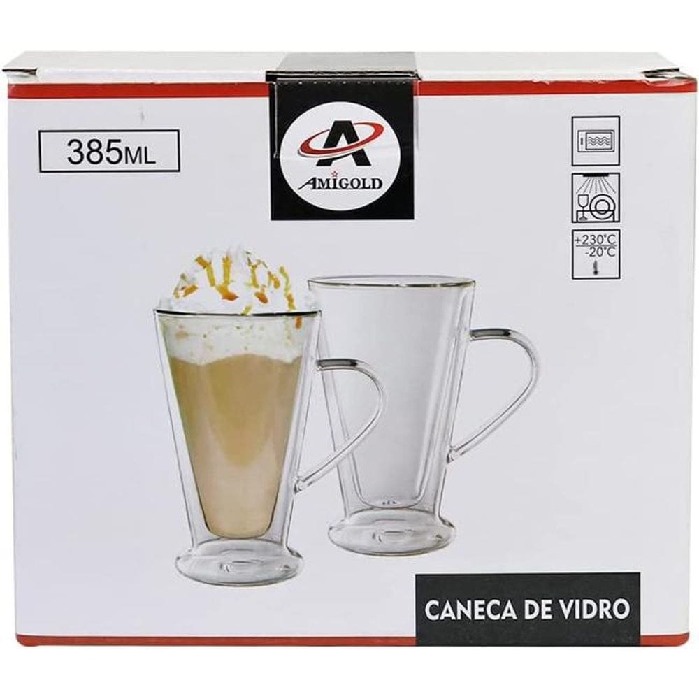 Caneca de Vidro Dupla Camada 385ml 2 Peças - Amigold