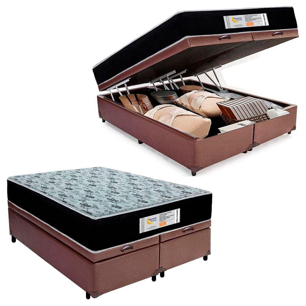 Cama Box Baú Queen Bipartido Sintético + Colchão Molas Ensacadas Sonnolux 158x198x69 Marrom