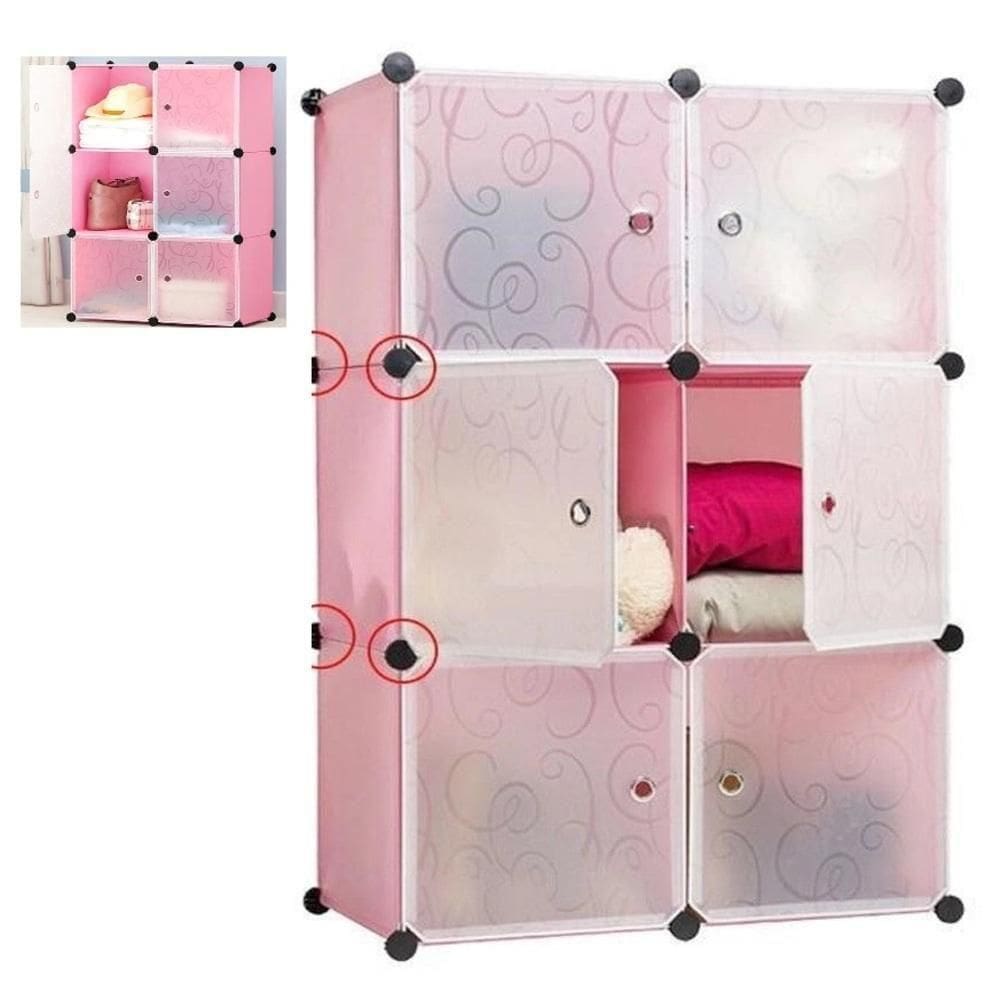 Guarda Roupa Modular Portatil Organizador Arara De Roupas Brinquedos Cabideiro 6 Portas Rosa