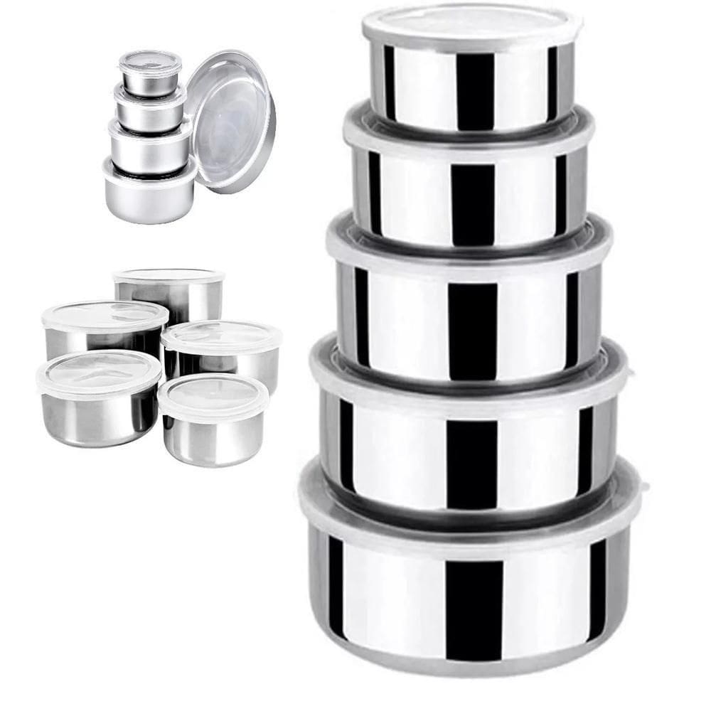 Kit Com 5 Potes De Inox Tigelas Com Tampa Hermética Para Armazenamento
