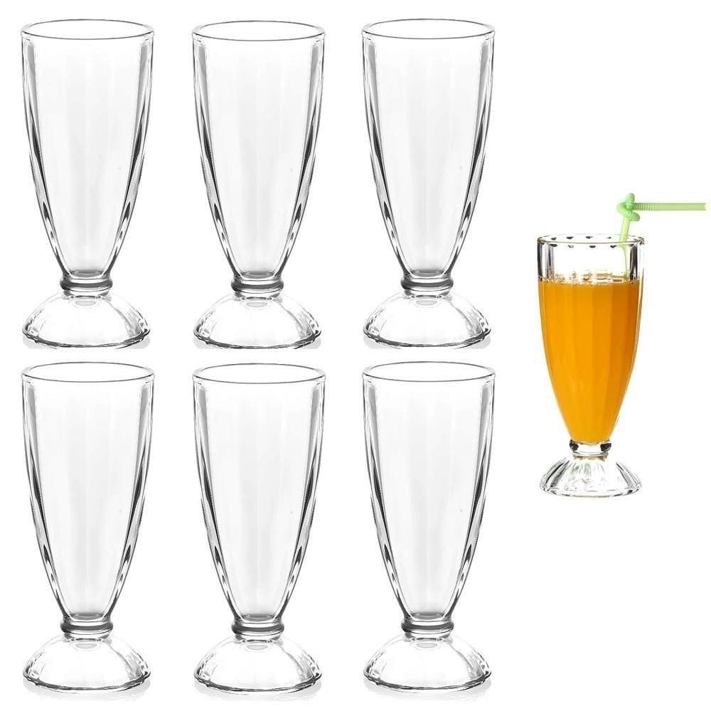 Jogo Taca Copo Vidro Suco Milk Shake Kit 6 Peças Sobremesa Sorvete Alta Grande Retro 260ml