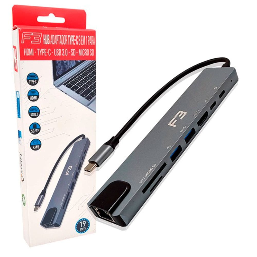 Hub Adaptador F3, Type-C 8 em 1 para HDMI, Type-C, USB 3.0, Cartão Micro SD, Cartão SD, PD (Power Delivery até 87W), Lan RJ-45 -JC-TYC-860