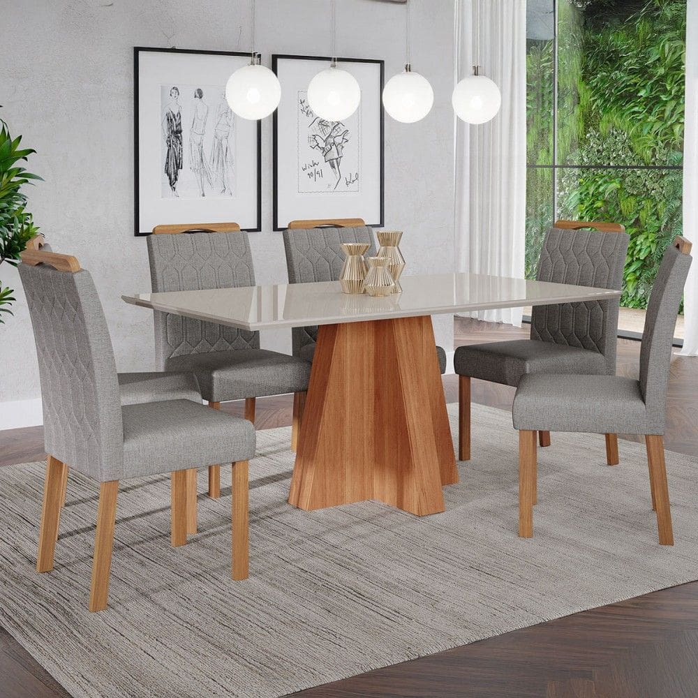 Mesa de Jantar 6 Lugares Patrícia Paola com Vidro Cinamomo/Off White/Grafite - Cimol