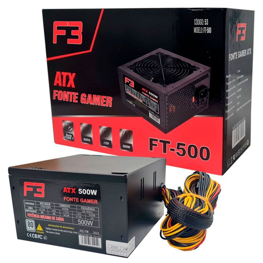 Fonte Gamer F3 FT-500, 500W, Com Cabo de Energia - Preta