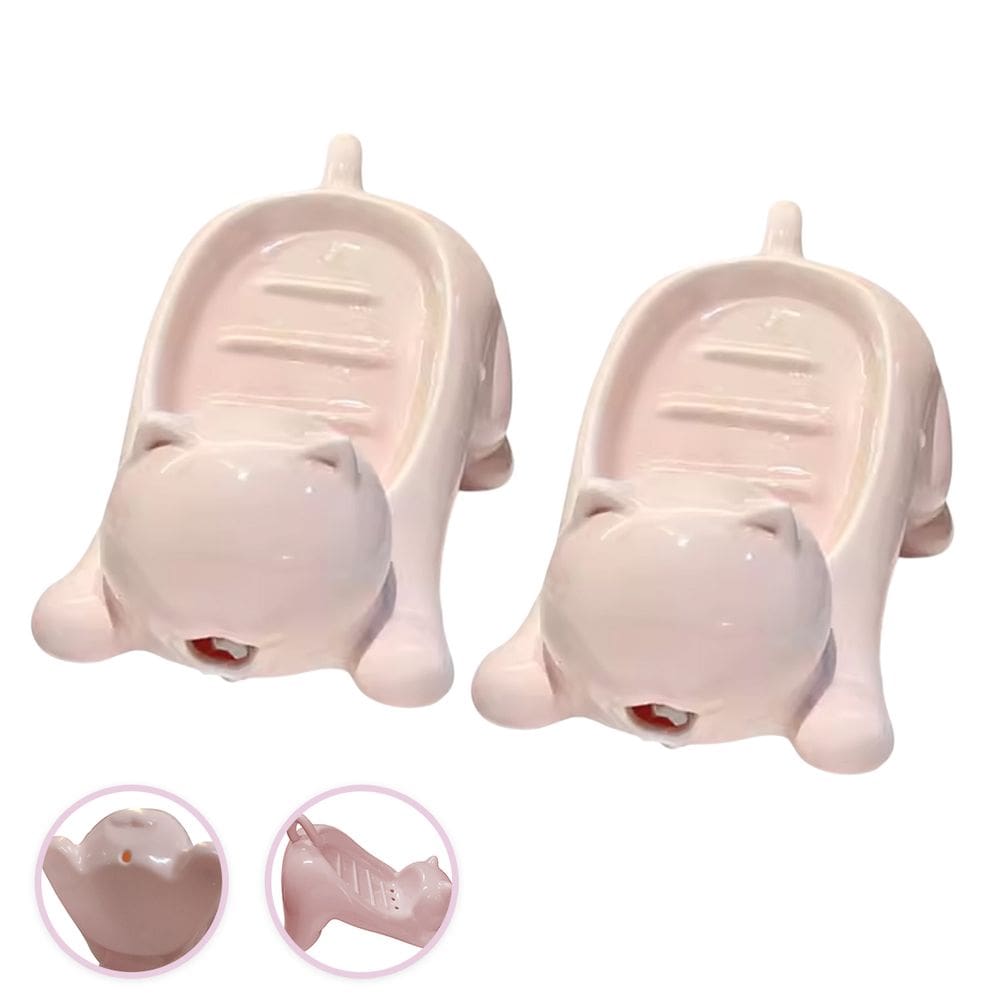 Saboneteira Gatinho Kit 2 Uni Porta Sabonete Gato Banheiro Bancada Lavabo Mesa Pia Box Divertido Decoracao Drenagem