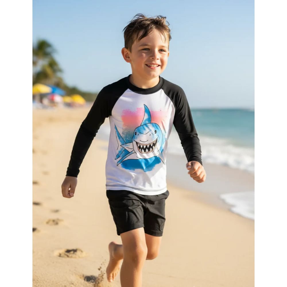 Conjunto Infantil Camisa e Sunga Térmica Tubarão Meninos Praia