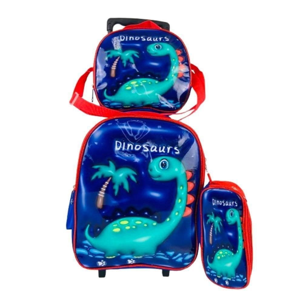 Kit Mochila Rodinhas Lancheira Estojo Dinossauro Impermeavel