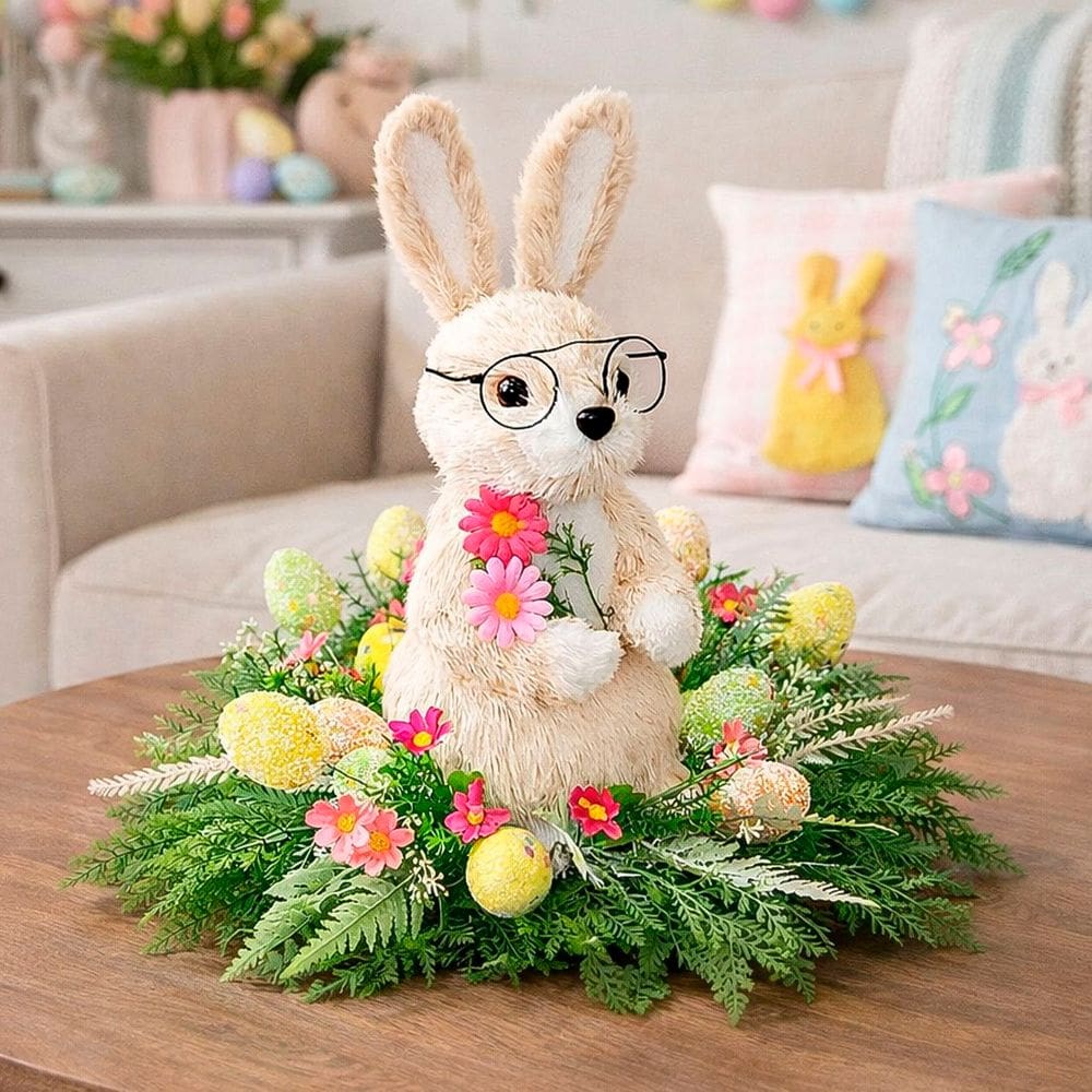 Arranjo Páscoa Coelho Com Flores Decoração Centro Mesa 35cm