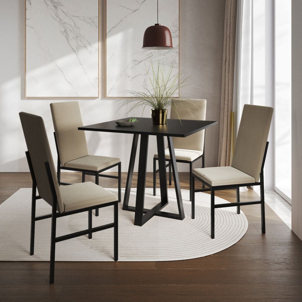 Conjunto de Jantar Mônaco Premium Mesa 90cm com 4 Cadeiras Estofadas para Cozinha Home - Preto/bege