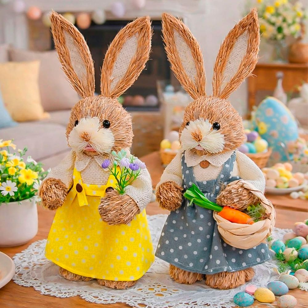 Dupla Boneco Coelhinho Coelho Decorativo Páscoa Palha 33cm