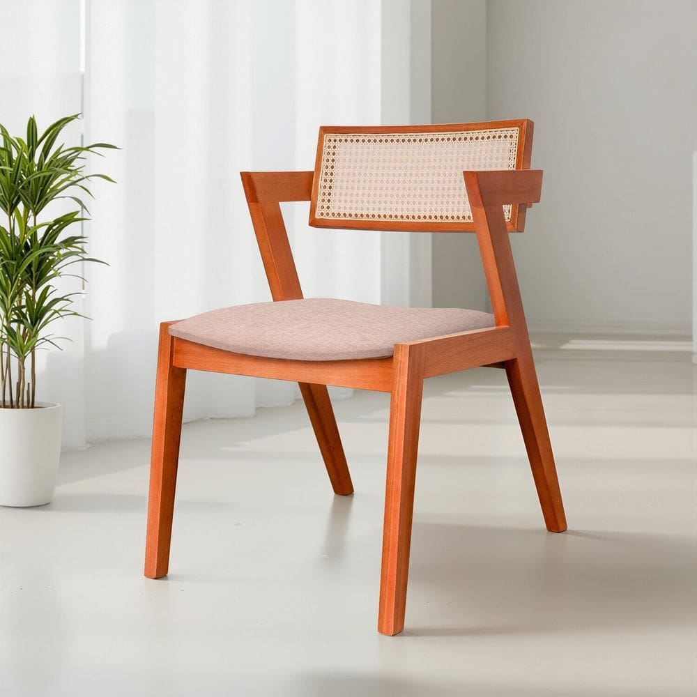 Kit 2 Cadeiras Madeira Maciça Rattan de Fibra 100% Natural e Estofada Verona Espresso Móveis Champagnhe/Bege