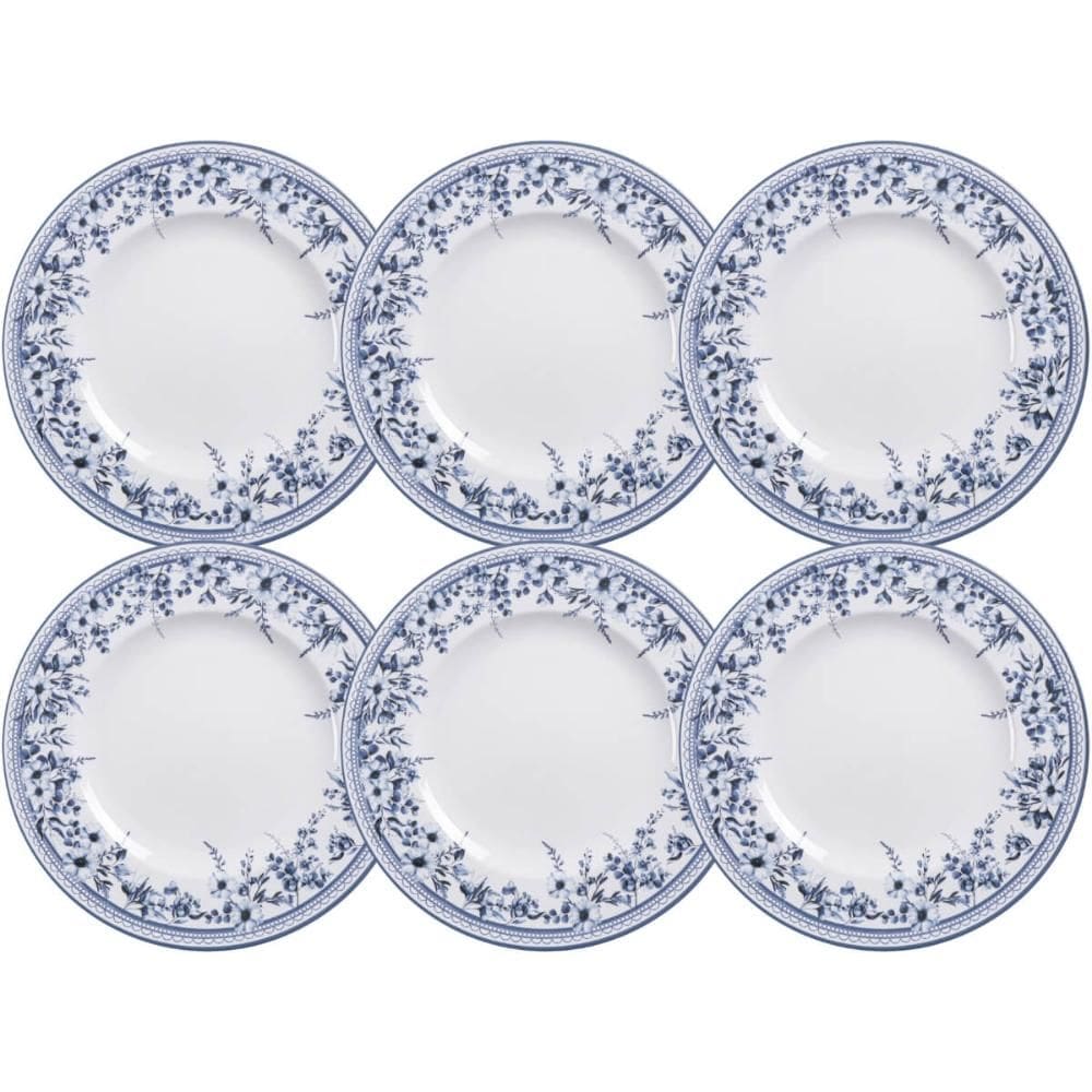 Jogo 6 Pratos Rasos Jantar 28cm Tramontina Azzura Porcelana Decorada Floral Azul Mesa Posta