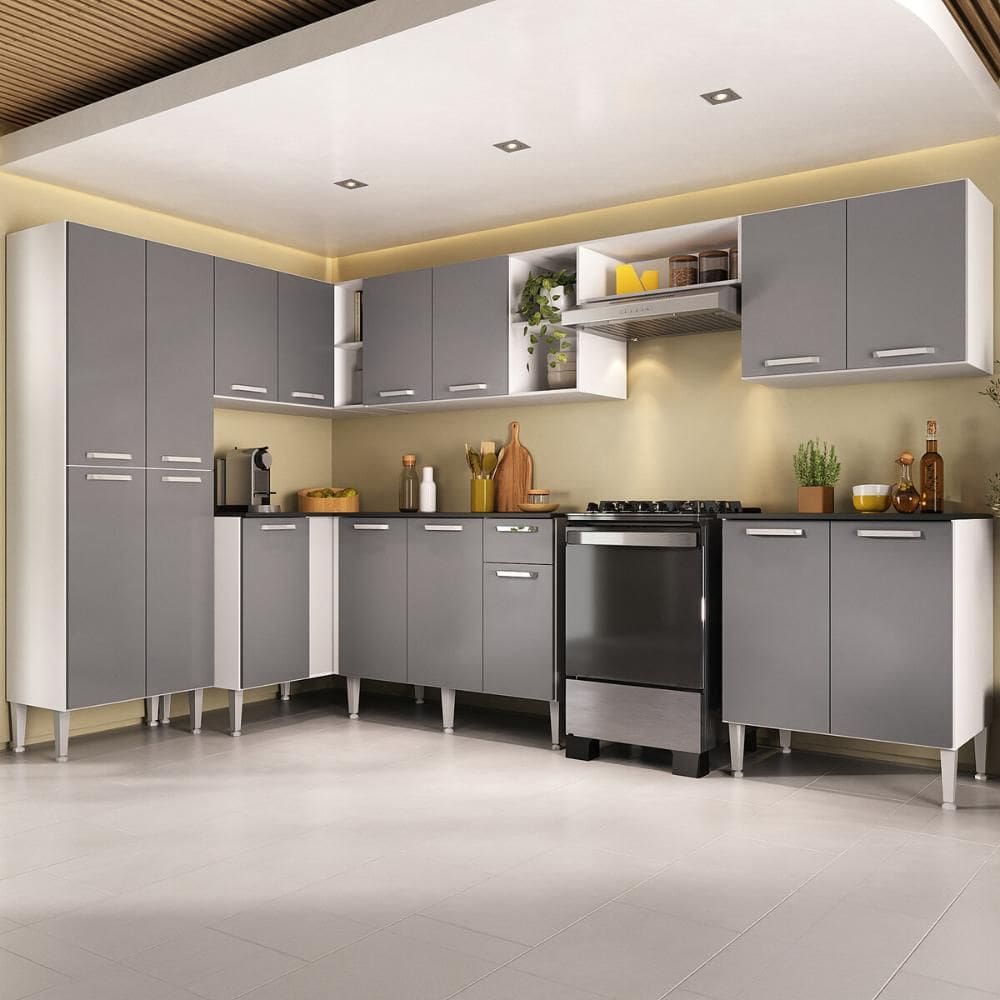 Armário Cozinha Modulada Completa de Canto 432,5cm Pequim Pop Multimóveis MP3774