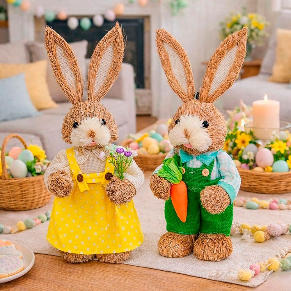 Casal Coelhinho Coelho Enfeite Palha Decoração Páscoa 33cm