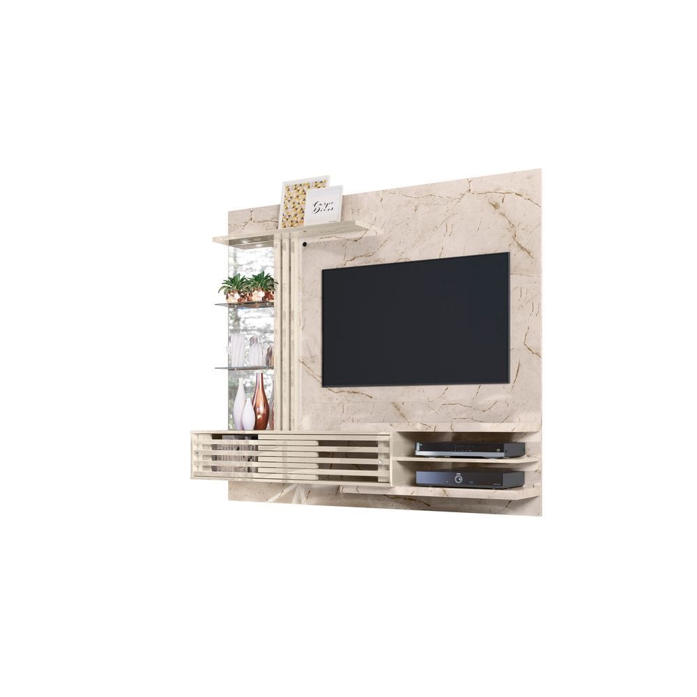 Painel Para TV Até 55 Frizz Supreme Calacata e Off White Brilho com LED Espelhos e Portas Deslizantes Liberty Móveis