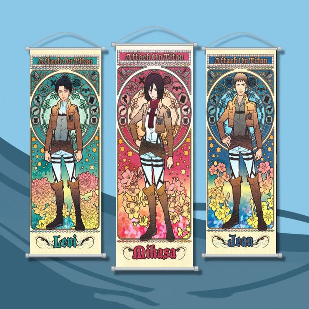Arte de parede em tela Attack on Titan Levi, Mikasa e Jean 30x75cm