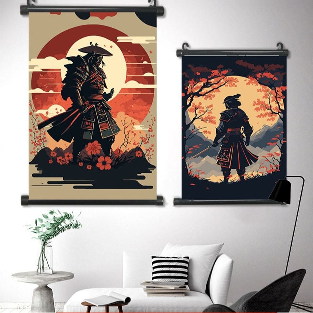Arte de parede em tela 2 painéis Samurai Warrior 30x45cm e 40x60cm