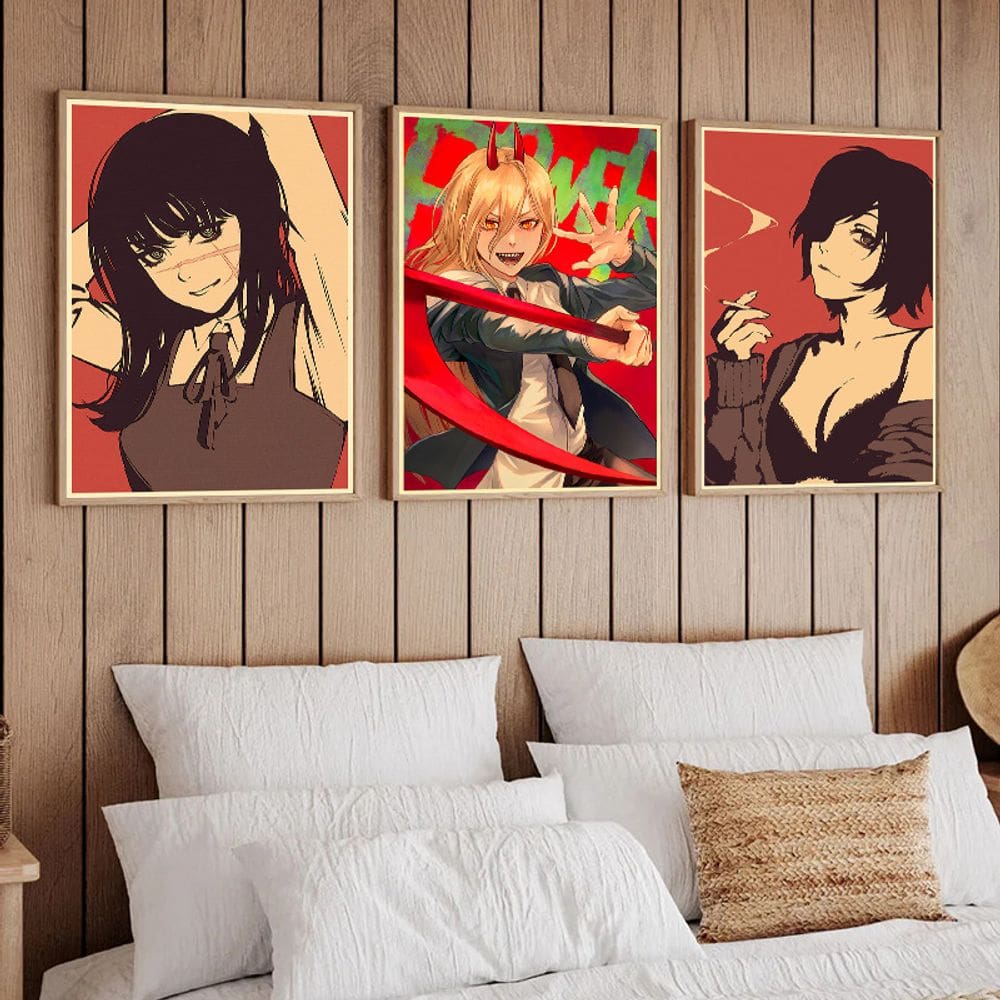 Conjunto de pintura de parede Chainsaw Man Anime 30x45cm (3 painéis)