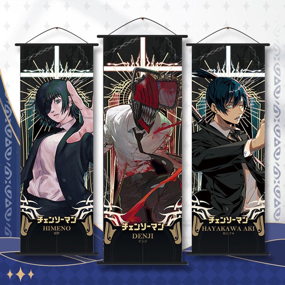 Arte de parede Chainsaw Man Anime 3 painéis de tecido de 25x70cm