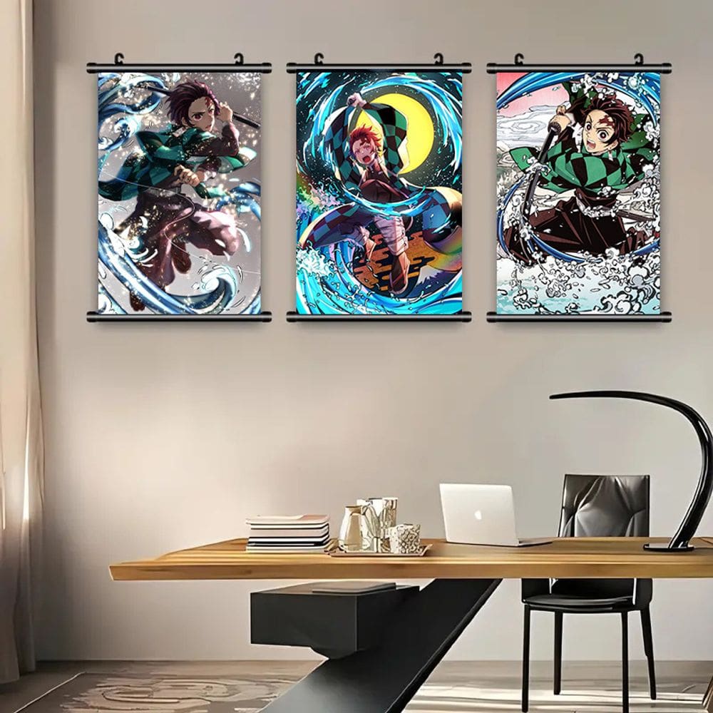 Arte de parede em tela 3 painéis Demon Slayer Tanjiro e Nezuko 40x60cm