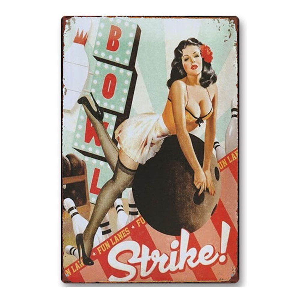 Pôster de metal Vintage Bowling Pin-Up Girl, decoração de parede de 20 x 30 cm