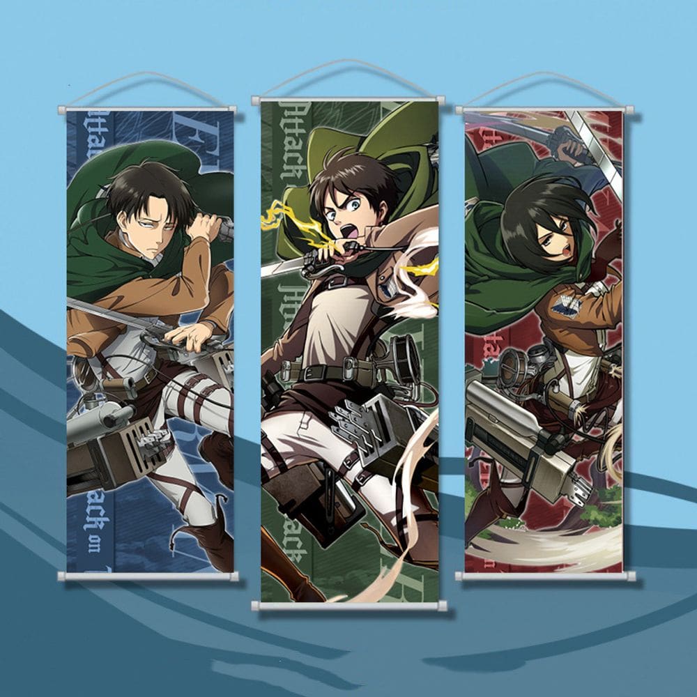 Pôster Attack on Titan Eren Levi Mikasa, tecido 25x75cm