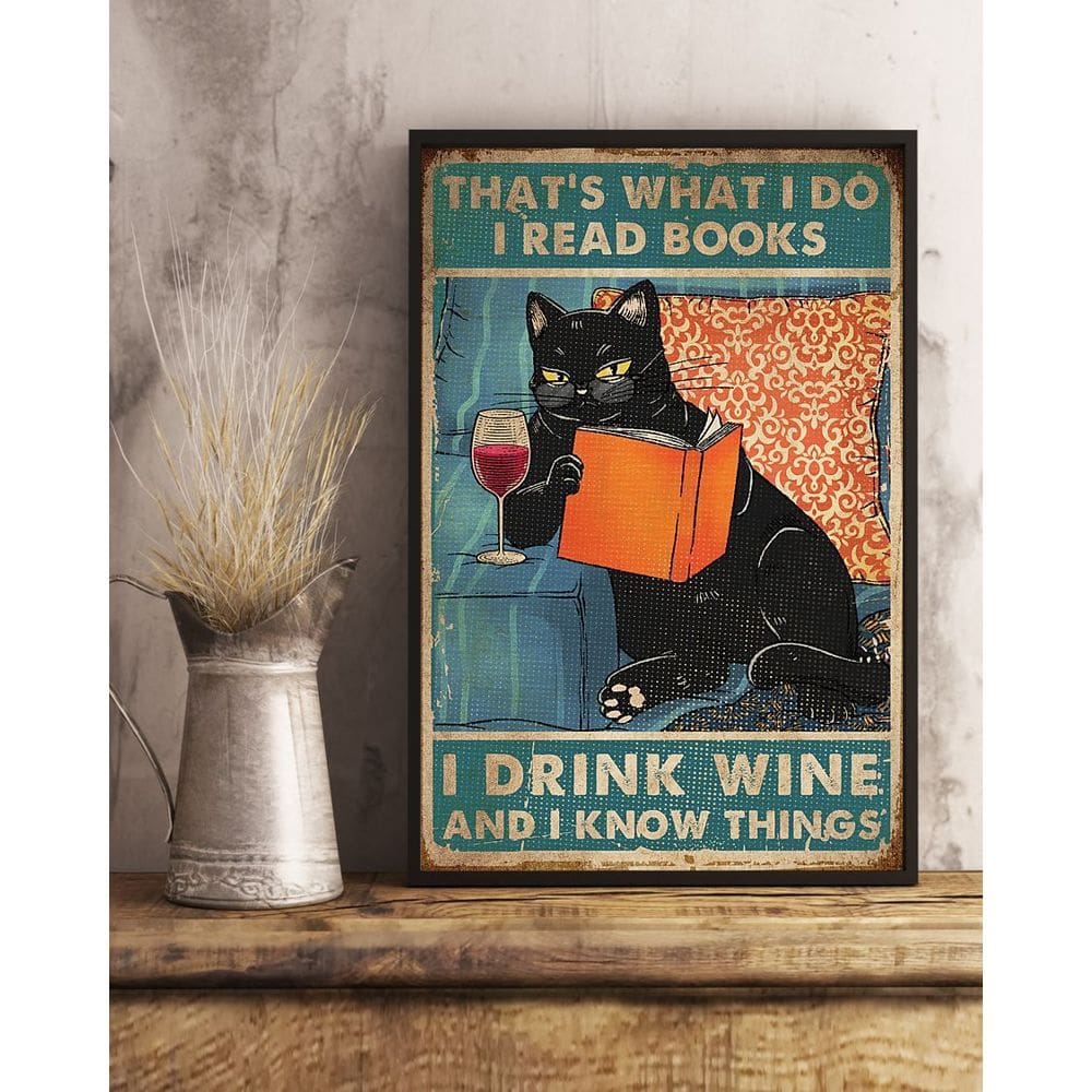 Pintura em ferro: gato vintage, leio livros, bebo vinho, 20x30cm