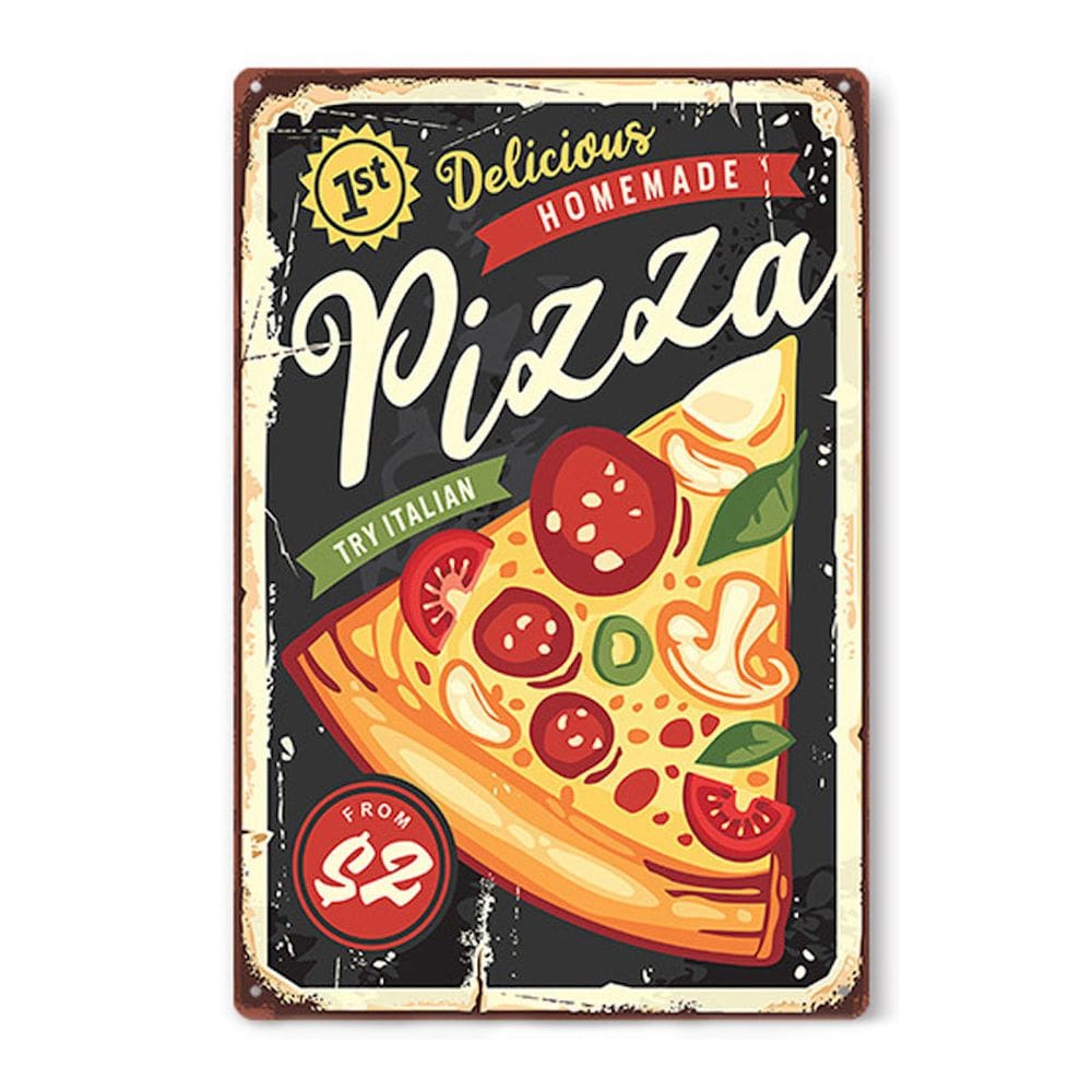 Decoração de parede, pintura em ferro, placa de metal de estanho, pizza caseira
