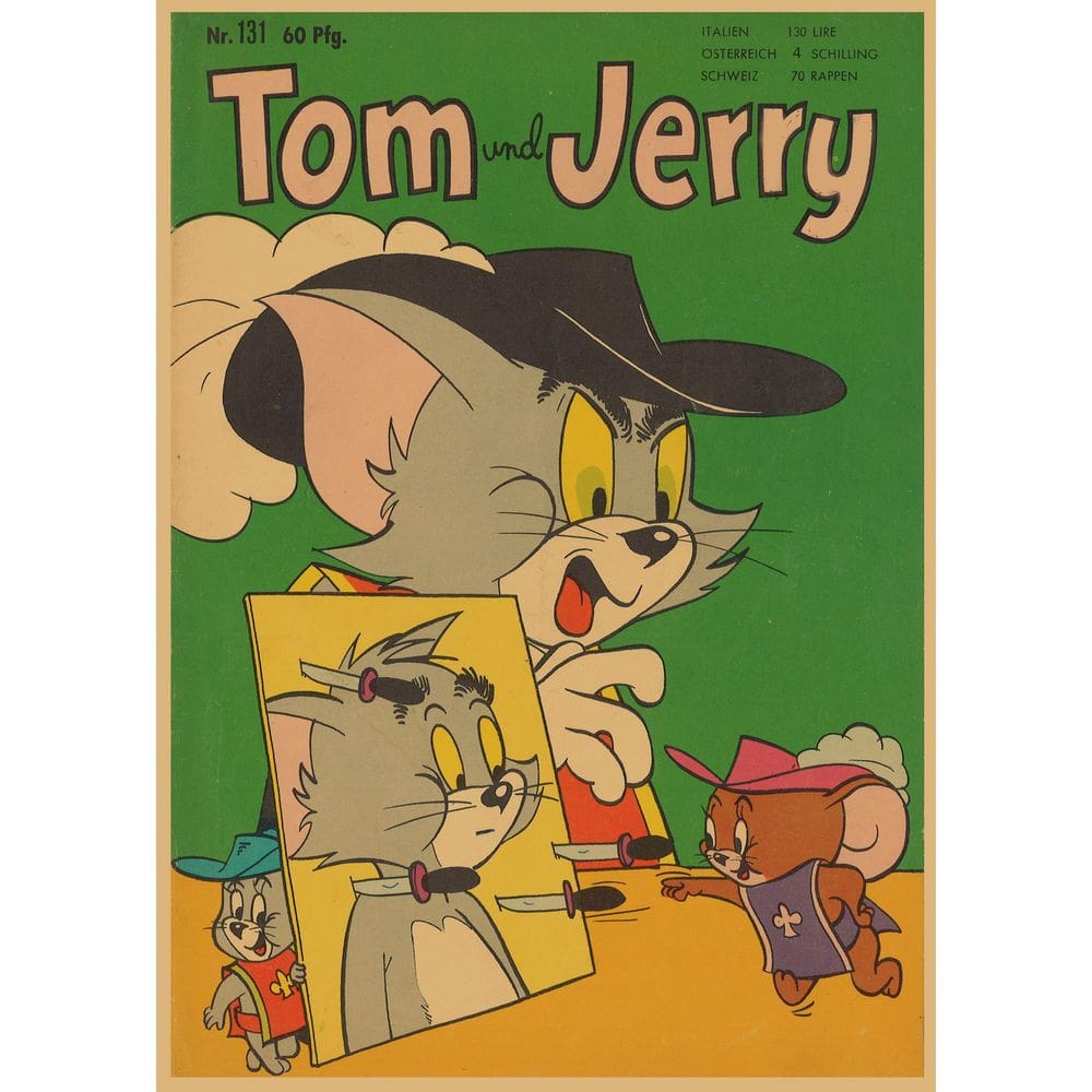 Pôster pintando Tom e Jerry em papel vintage de 29,7x42cm